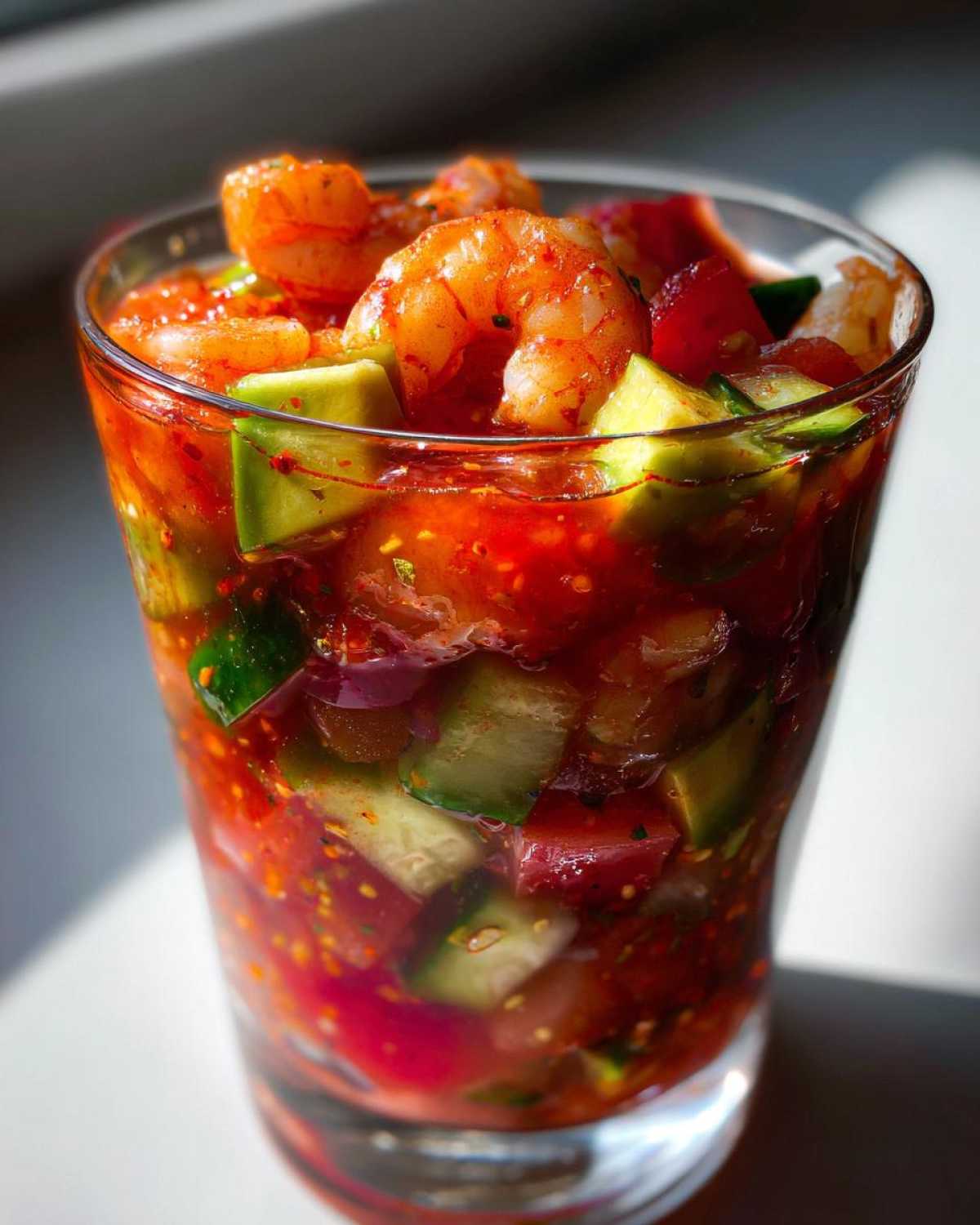 Close-up of a vibrant, zesty shrimp cocktail served in a glass with chunks of avocado, cucumber, and tomato in a red sauce.