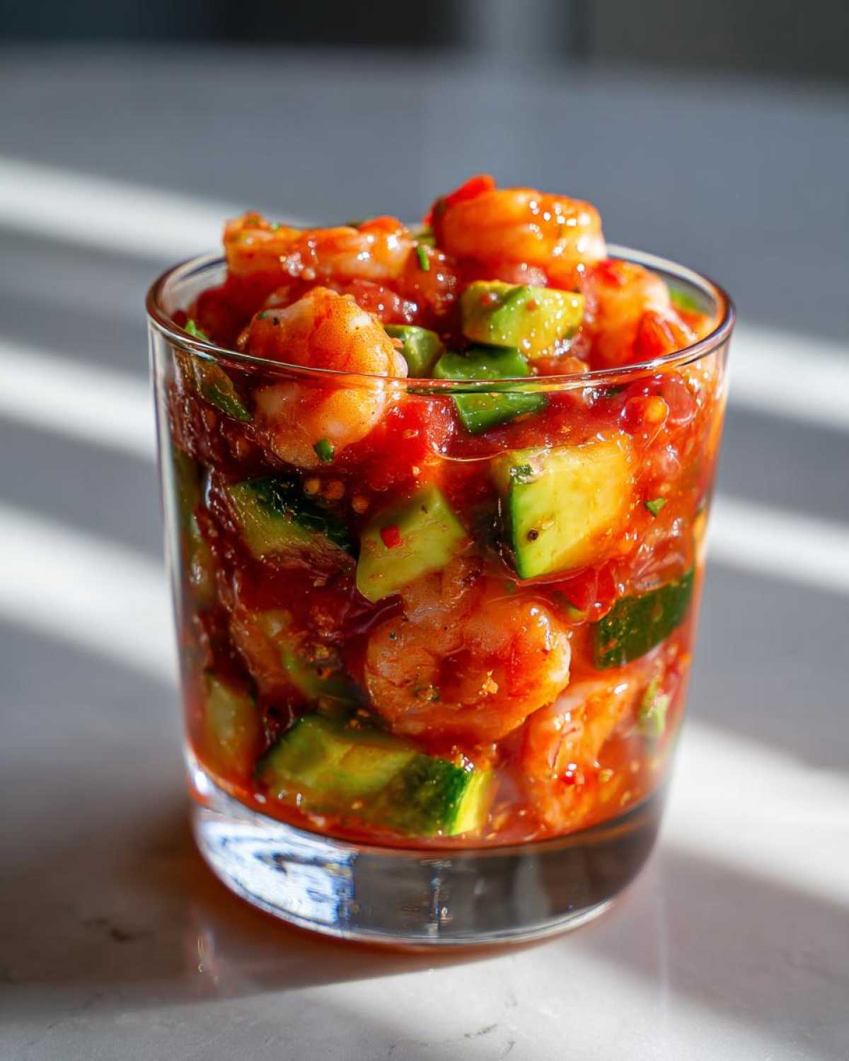 Close-up of a vibrant shrimp cocktail mix with shrimp and avocado chunks in a glass.