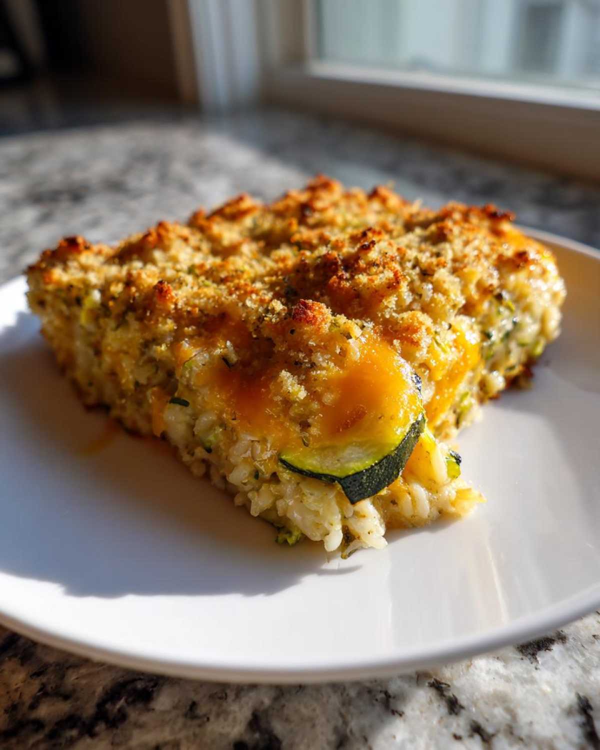 A slice of baked Zucchini and Rice Casserole featuring rice, zucchini slices, melted cheese, and a golden brown crumb topping.