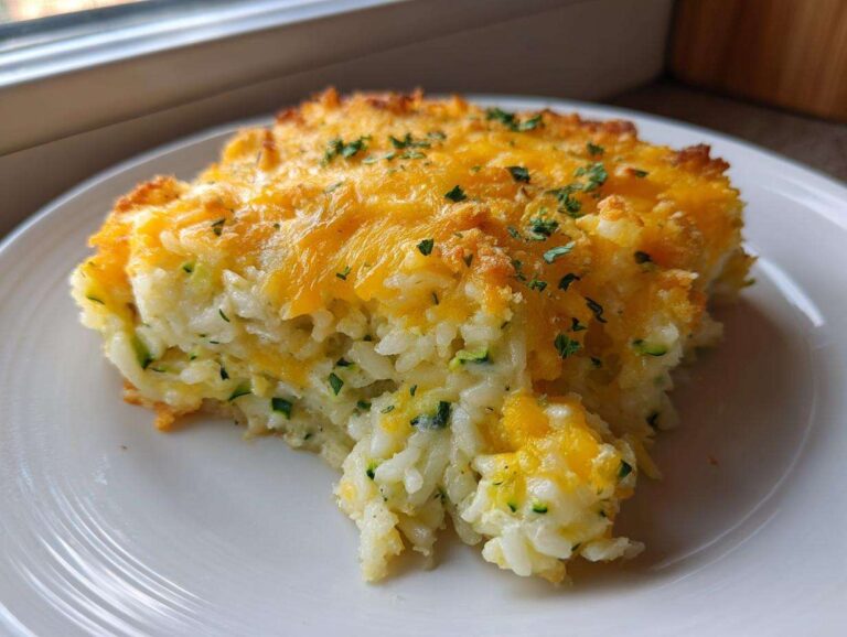 A generous serving of baked Zucchini and Rice Casserole topped with melted cheddar cheese and parsley.