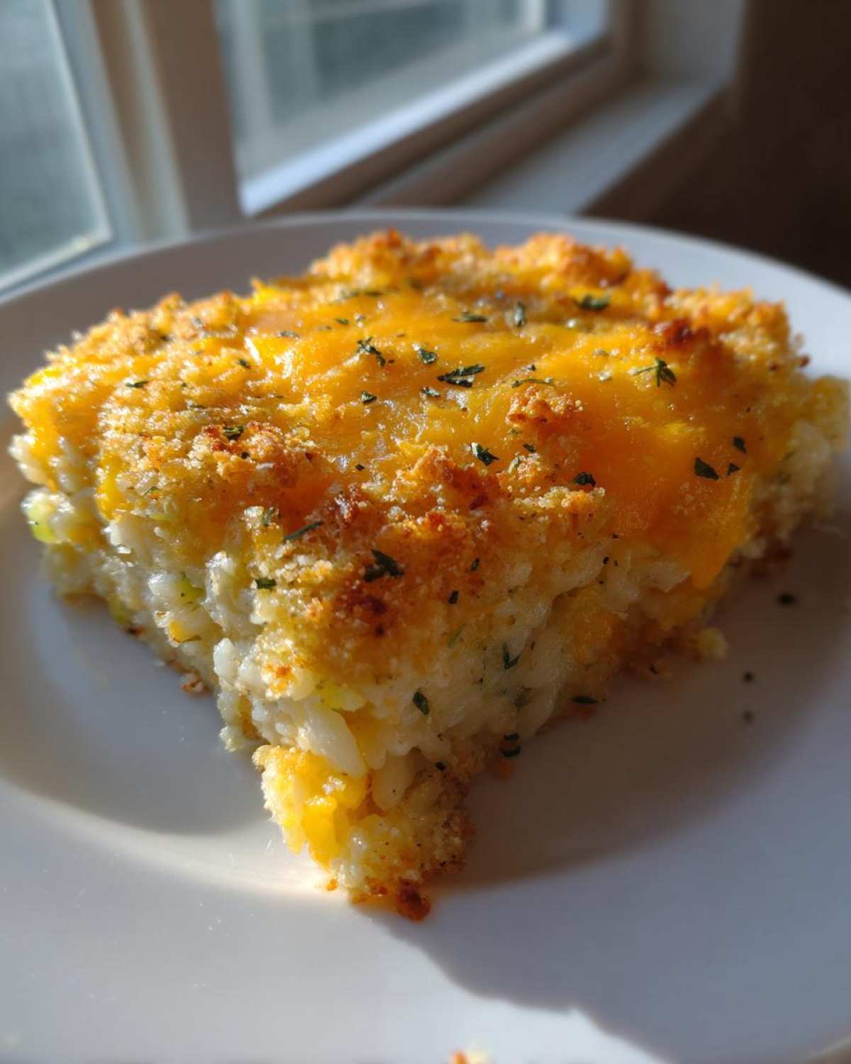 A square serving of Zucchini and Rice Casserole topped with melted cheddar cheese and a golden breadcrumb crust.