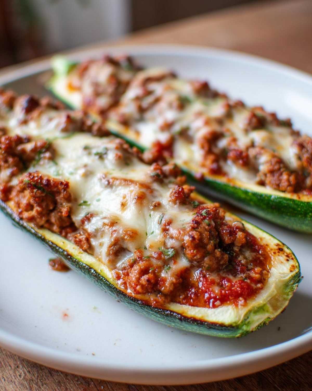 Two baked Zucchini Boats with Ground Turkey & Marinara filling, topped with melted mozzarella cheese, served on a white plate.