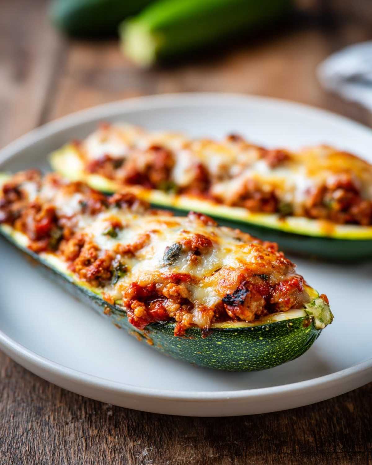 Two baked Zucchini Boats with Ground Turkey & Marinara filling topped with melted cheese on a white plate.