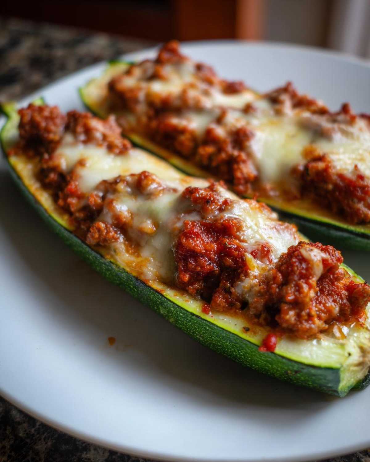 Two perfectly baked Zucchini Boats with Ground Turkey & Marinara filling topped with melted cheese on a white plate.