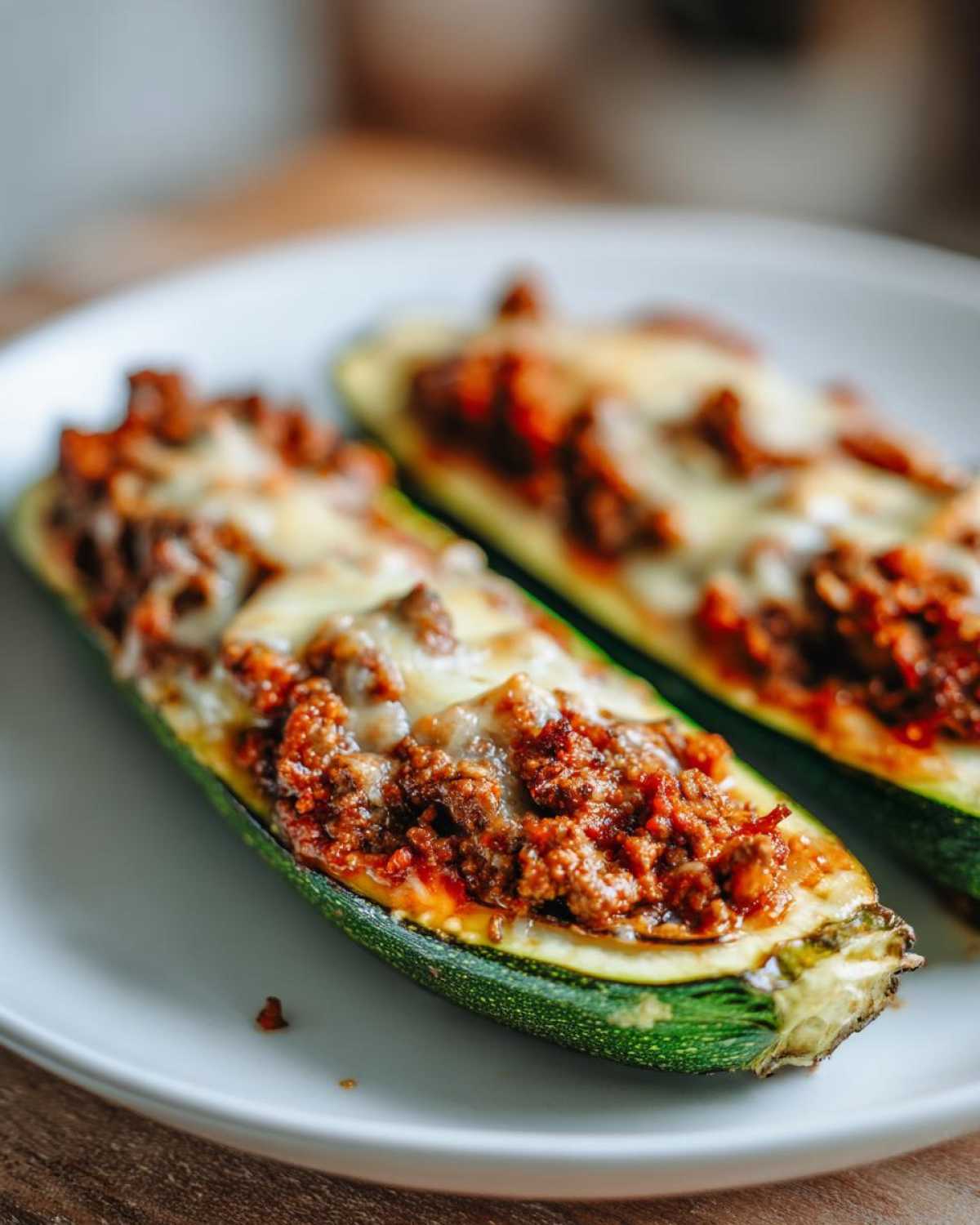 Two baked zucchini boats filled with ground turkey and marinara sauce, topped with melted cheese.