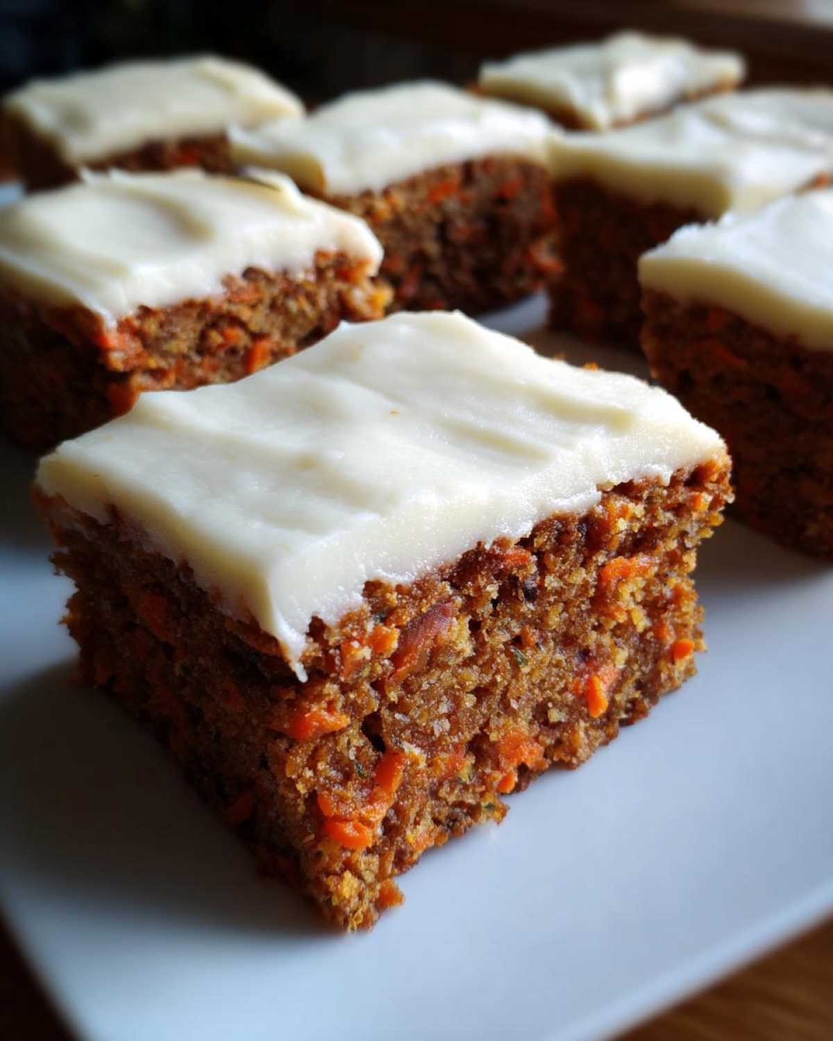 A close-up of a moist square piece of Zucchini Carrot Bars recipe topped with thick cream cheese frosting.