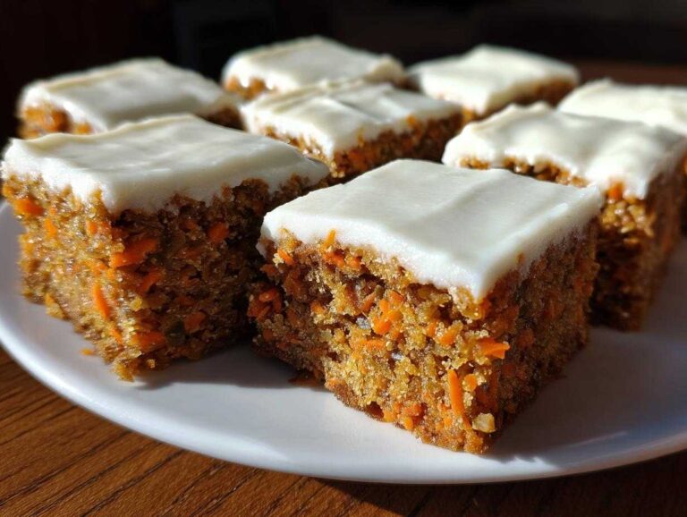 30 Amazing Zucchini Carrot Bars recipe Secrets Close-up of several square Zucchini Carrot Bars recipe pieces topped with thick white cream cheese frosting on a white plate.