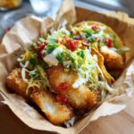 Close-up of crispy Air Fried Fish Walking Tacos loaded with shredded lettuce, cheese, salsa, and sour cream in a brown paper liner.