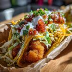 A close-up of crispy Air Fried Fish Walking Tacos loaded with shredded lettuce, cheese, salsa, and sour cream, served in a brown paper liner.