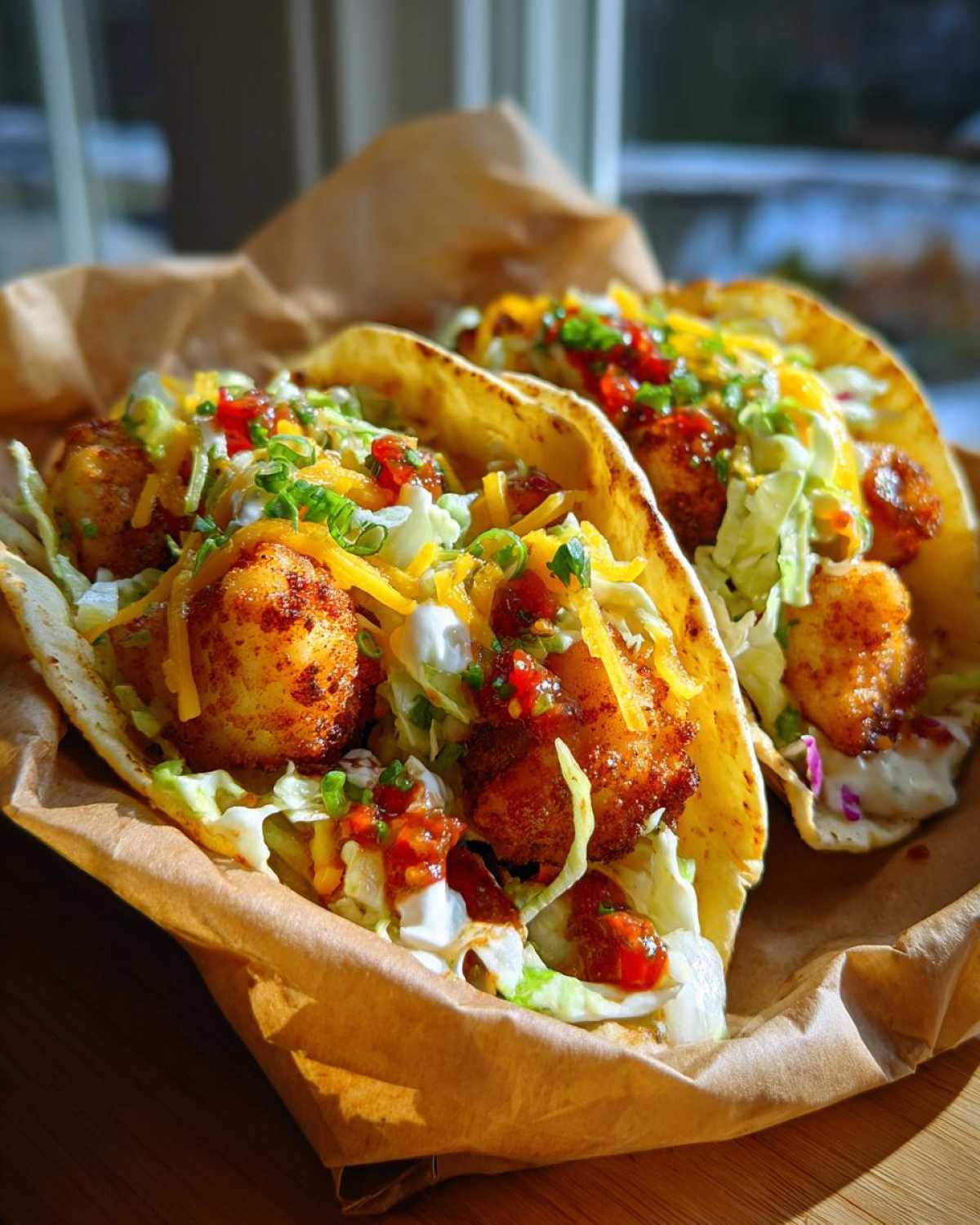 Two fully loaded Air Fried Fish Walking Tacos resting in brown paper packaging, topped with crispy fish, cheese, and salsa.