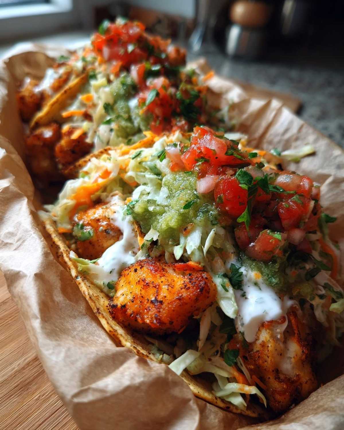 Close-up of two loaded Air Fried Fish Walking Tacos topped with slaw, salsa, and crema.