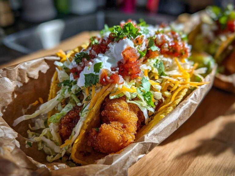 A close-up of crispy Air Fried Fish Walking Tacos loaded with shredded lettuce, cheese, salsa, and sour cream, served in a brown paper liner.