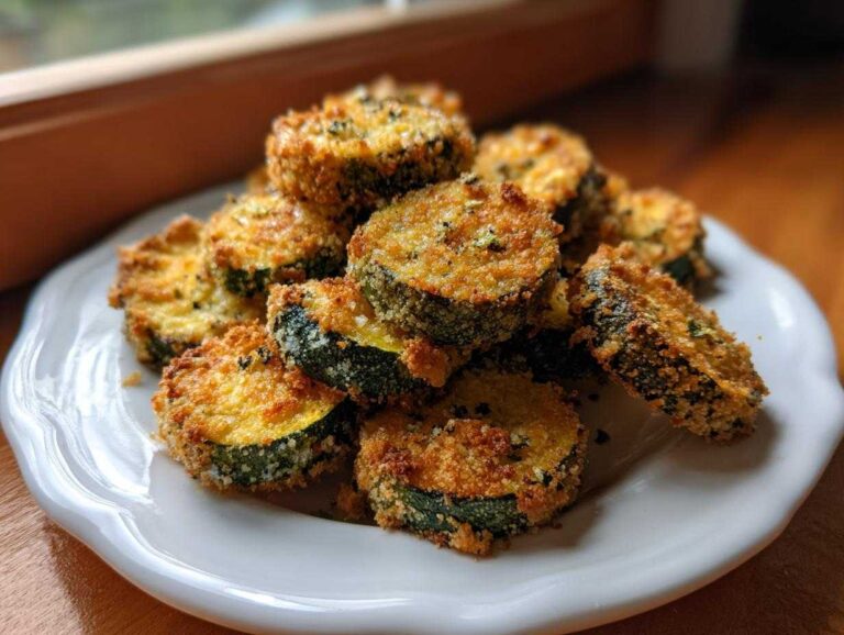 A pile of golden brown, breaded Air Fryer Zucchini slices stacked on a white, scalloped plate.