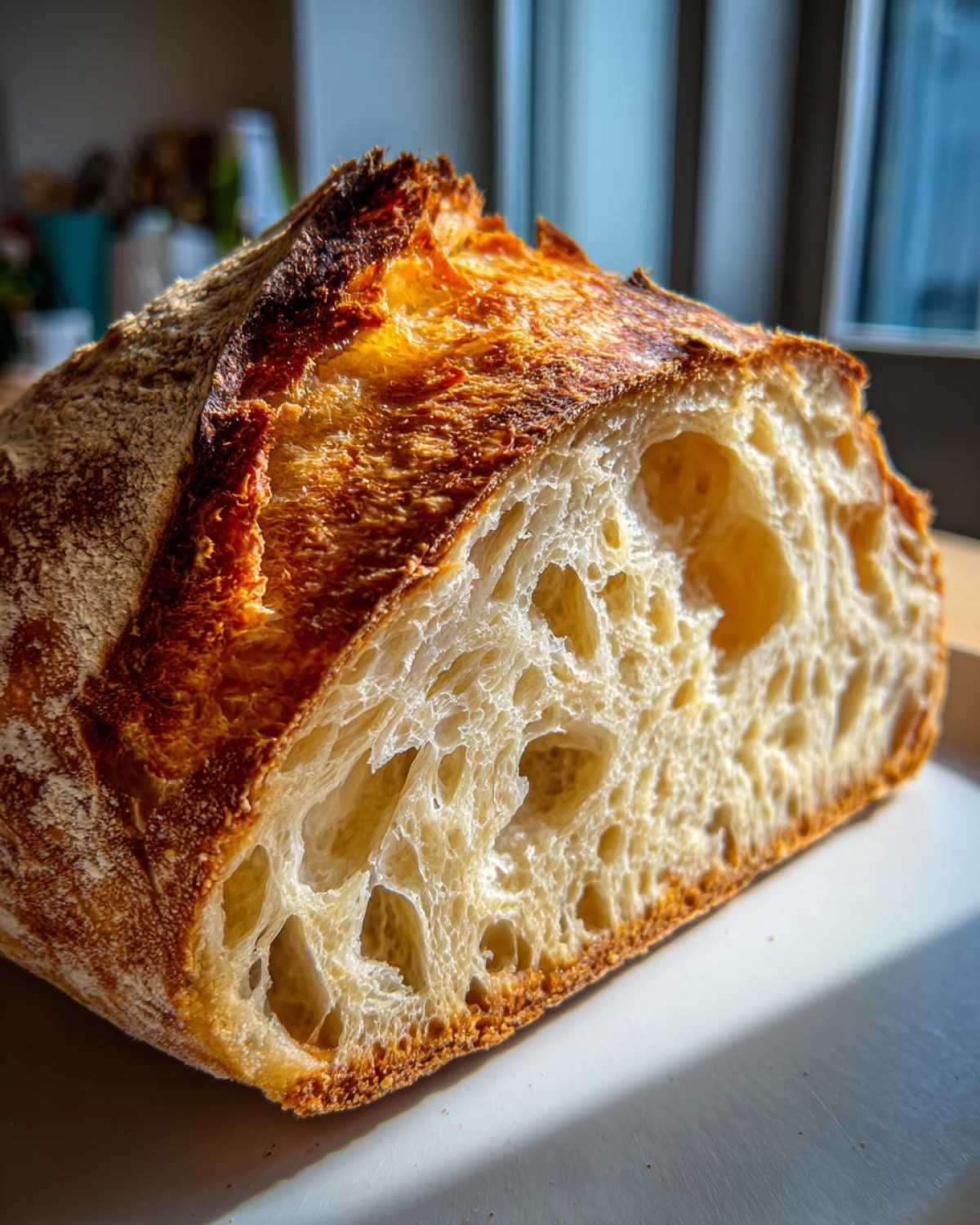 Close-up of a perfectly baked sourdough bread loaf cut in half, showing an open, airy crumb structure. Great for Sourdough Recipes Need Try.