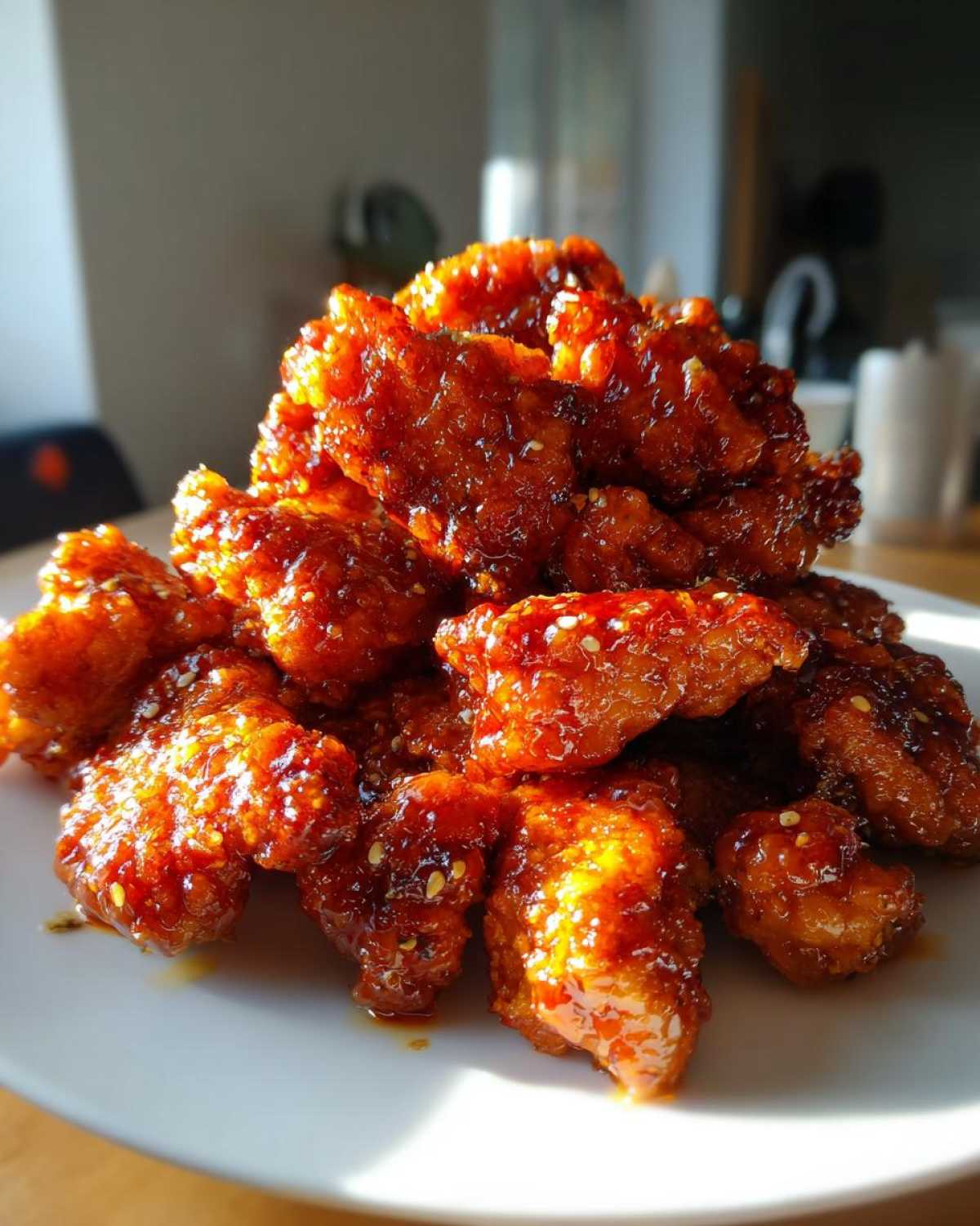 A close-up pile of crispy chicken pieces coated in a thick, glossy, reddish-orange Asian Mango Glazed Chicken sauce, sprinkled with sesame seeds.