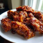 Close-up of crispy chicken pieces coated in a thick, glossy Asian Mango Glazed Chicken sauce.