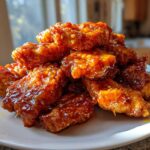 Close-up of crispy chicken pieces generously coated in a thick, shiny Asian Mango Glazed Chicken sauce, piled on a white plate.