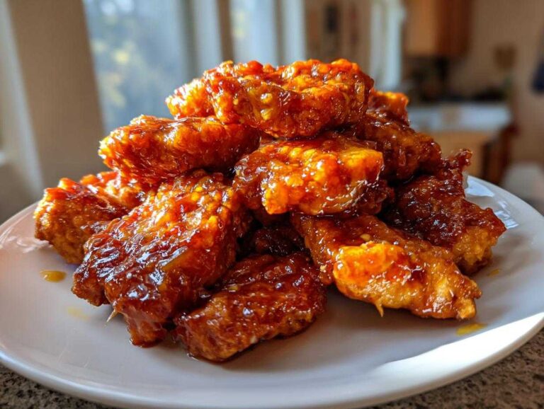 Close-up of crispy chicken pieces generously coated in a thick, shiny Asian Mango Glazed Chicken sauce, piled on a white plate.