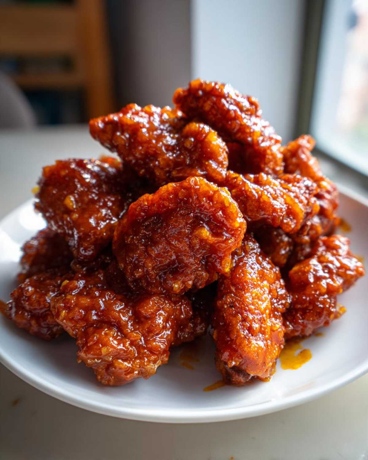A pile of crispy chicken wings coated in a thick, shiny Asian Mango Glazed Chicken sauce on a white plate.