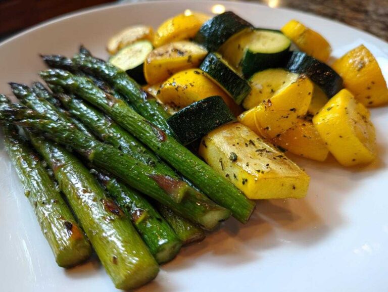 Close-up of roasted asparagus spears next to chopped zucchini and yellow squash seasoned with herbs.