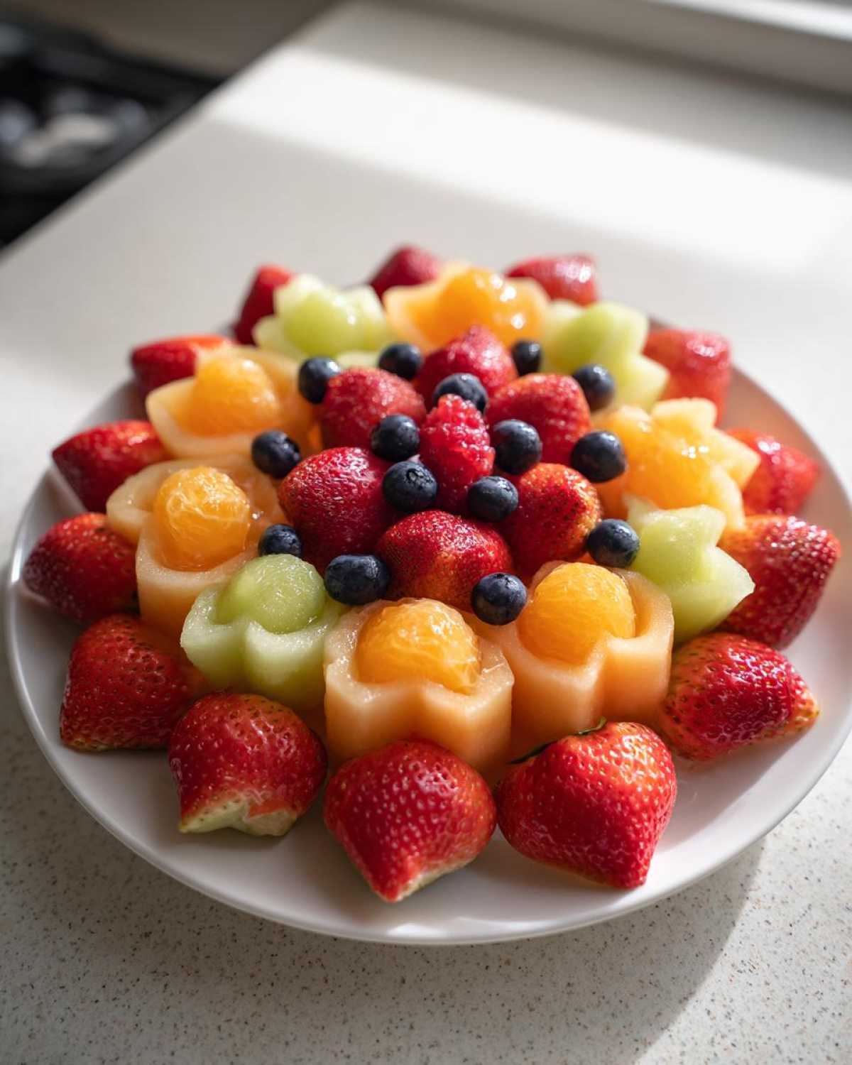 A stunning Baby Bloom Fruit Platter featuring strawberries, blueberries, orange segments, and melon cut into flower shapes.