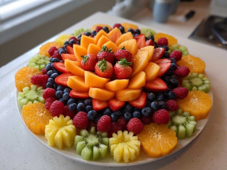 A vibrant, circular Baby Bloom Fruit Platter featuring cantaloupe, strawberries, blueberries, raspberries, oranges, and carved kiwi and pineapple flowers.