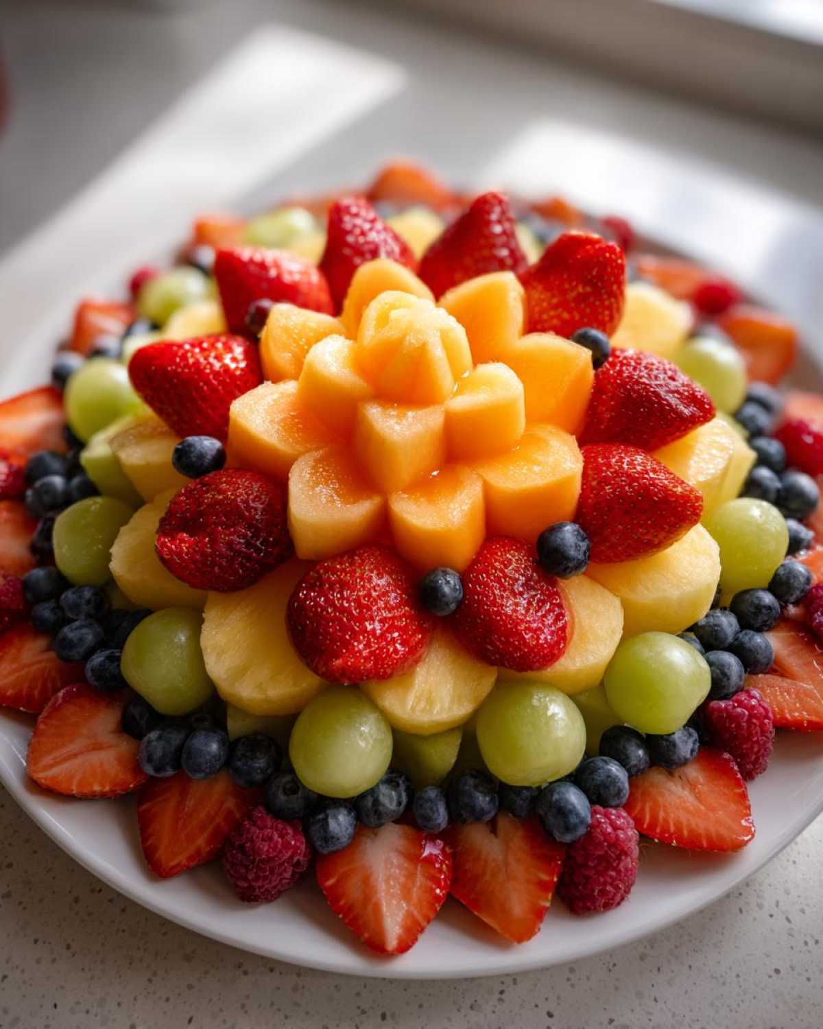 A vibrant, tiered Baby Bloom Fruit Platter featuring cantaloupe, strawberries, pineapple, grapes, blueberries, and raspberries.