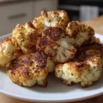 A close-up of golden brown, crispy Baked Cauliflower Bites piled on a white plate.