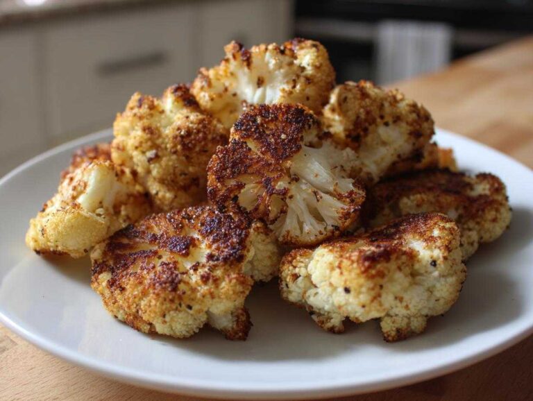 A close-up of golden brown, crispy Baked Cauliflower Bites piled on a white plate.