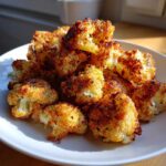 A pile of crispy, golden brown Baked Cauliflower Bites seasoned with herbs on a white plate.
