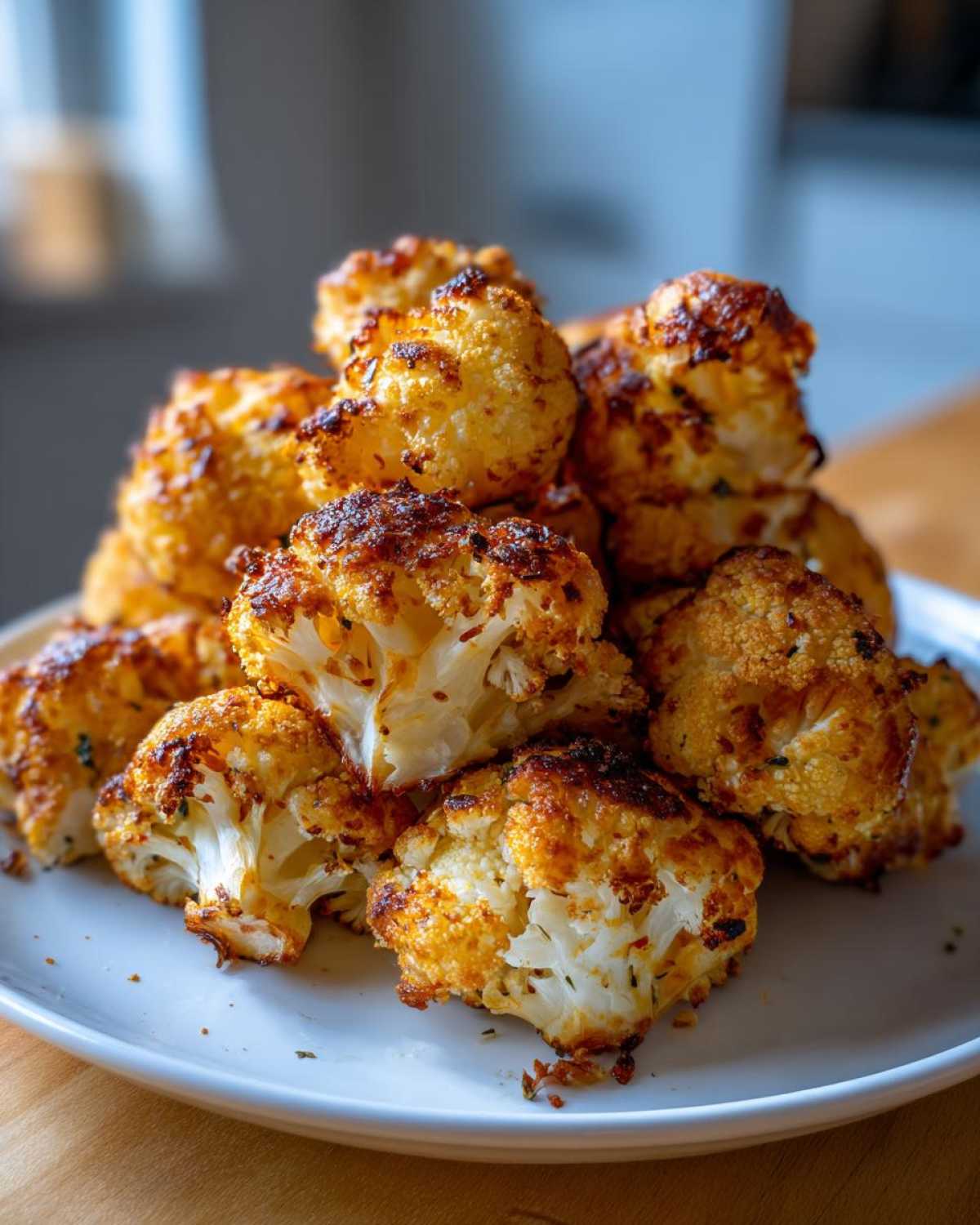 A close-up stack of perfectly golden brown and crispy Baked Cauliflower Bites served on a white plate.