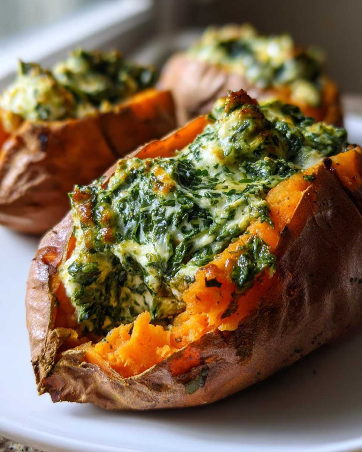 Close-up of baked sweet potatoes with creamy spinach ricotta filling overflowing from the bright orange flesh.