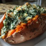 Close-up of a baked sweet potatoes with creamy spinach ricotta filling overflowing from the split skin.