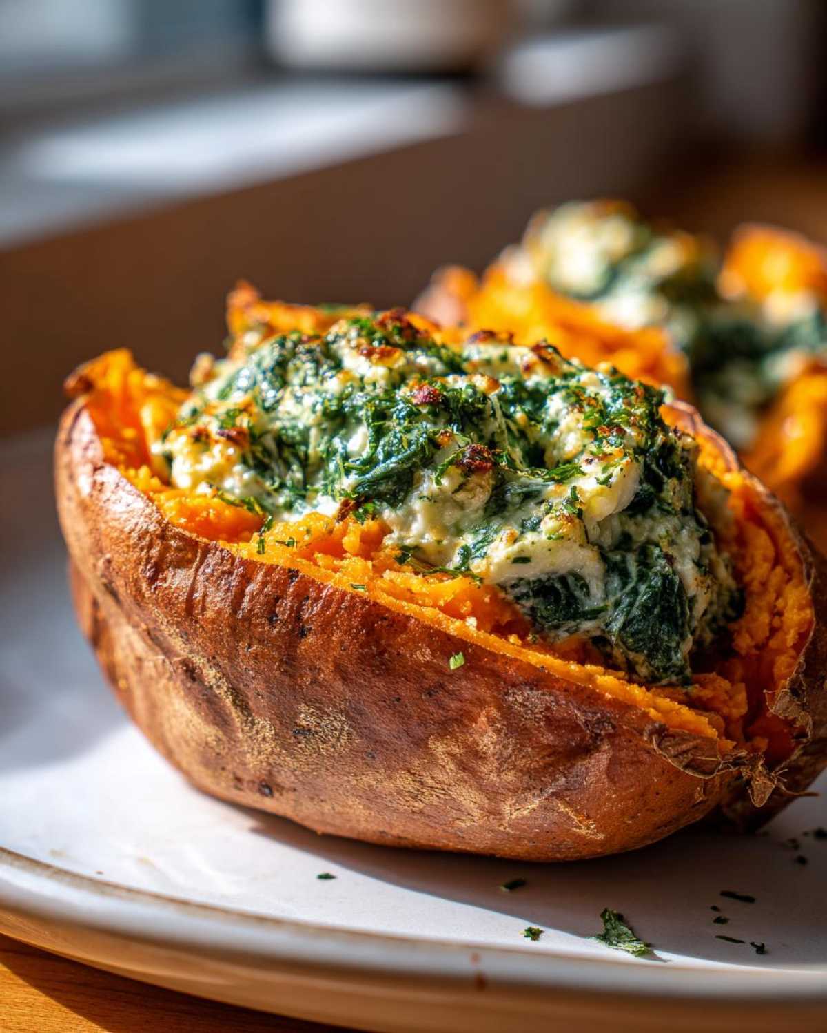Close-up of a baked sweet potato stuffed with creamy spinach ricotta, topped with herbs.