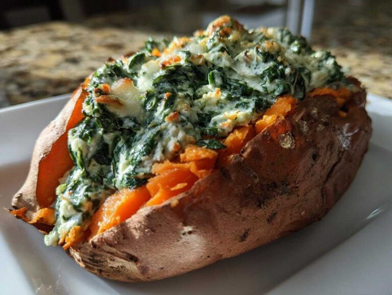 Close-up of a baked sweet potatoes with creamy spinach ricotta filling overflowing from the split skin.