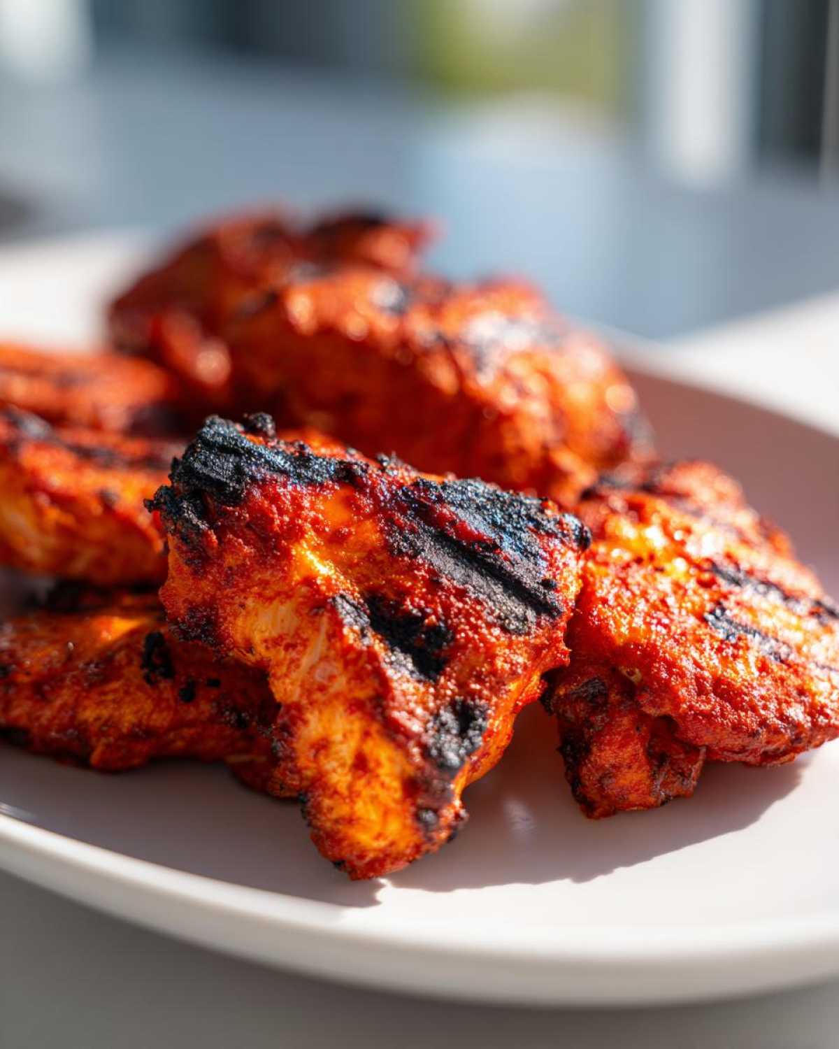 Close-up of vibrant red, charred pieces of Baked Tandoori Chicken Oven on a light plate.