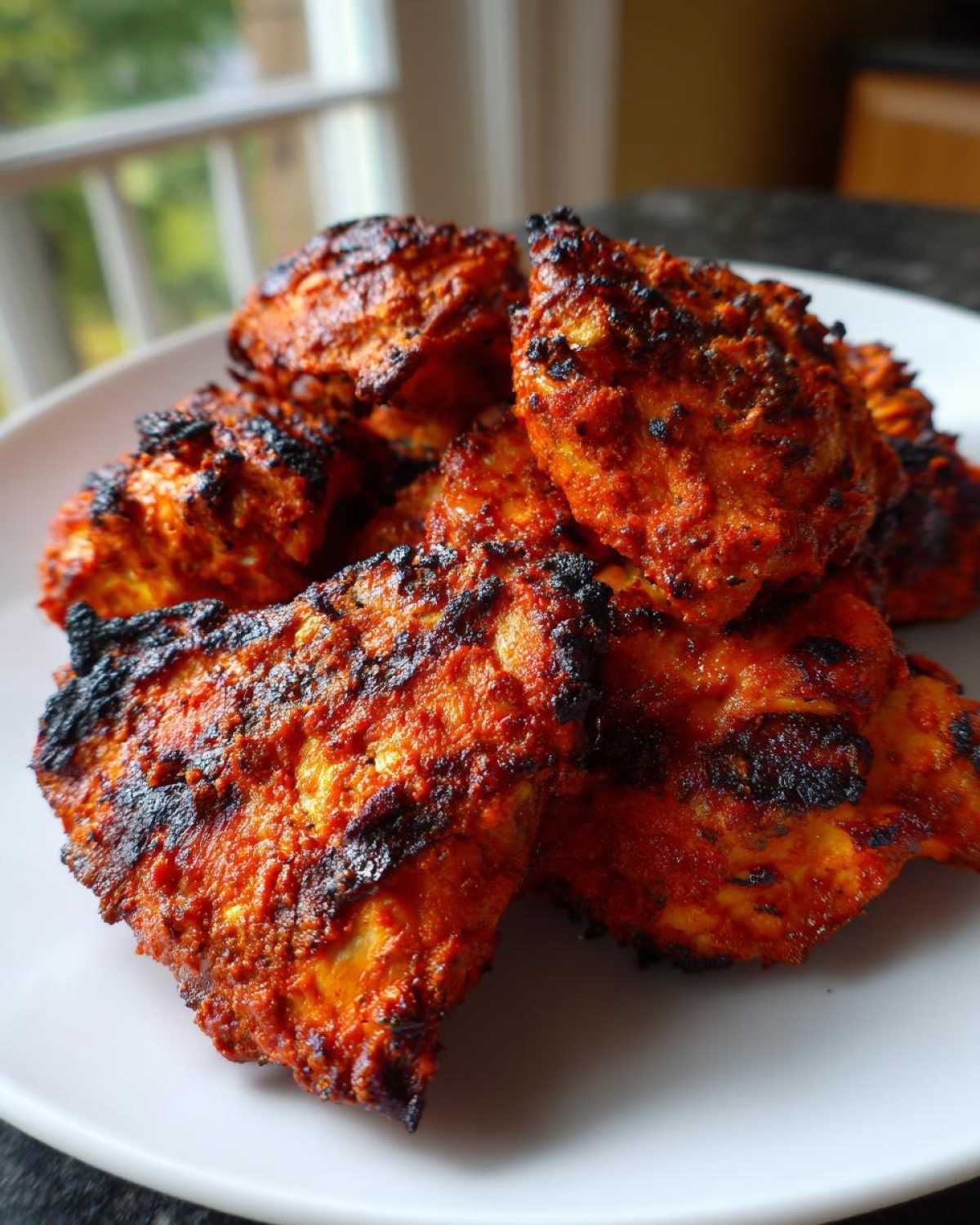Close-up of bright red, charred pieces of Baked Tandoori Chicken Oven served on a white plate.