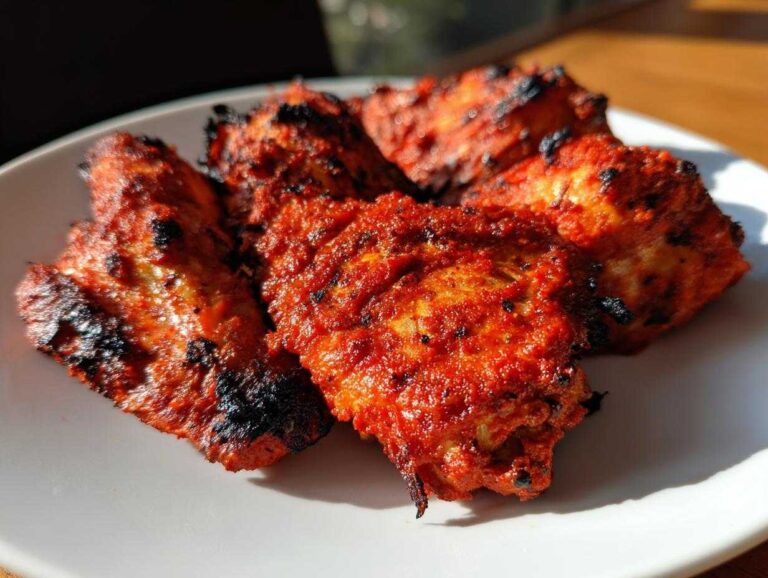 Close-up of four pieces of vibrant red Baked Tandoori Chicken Oven, showing slight charring on a white plate.