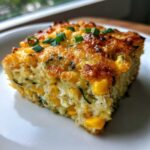 A close-up of a square slice of Baked Zucchini and Corn Casserole with a golden-brown top and visible corn kernels.