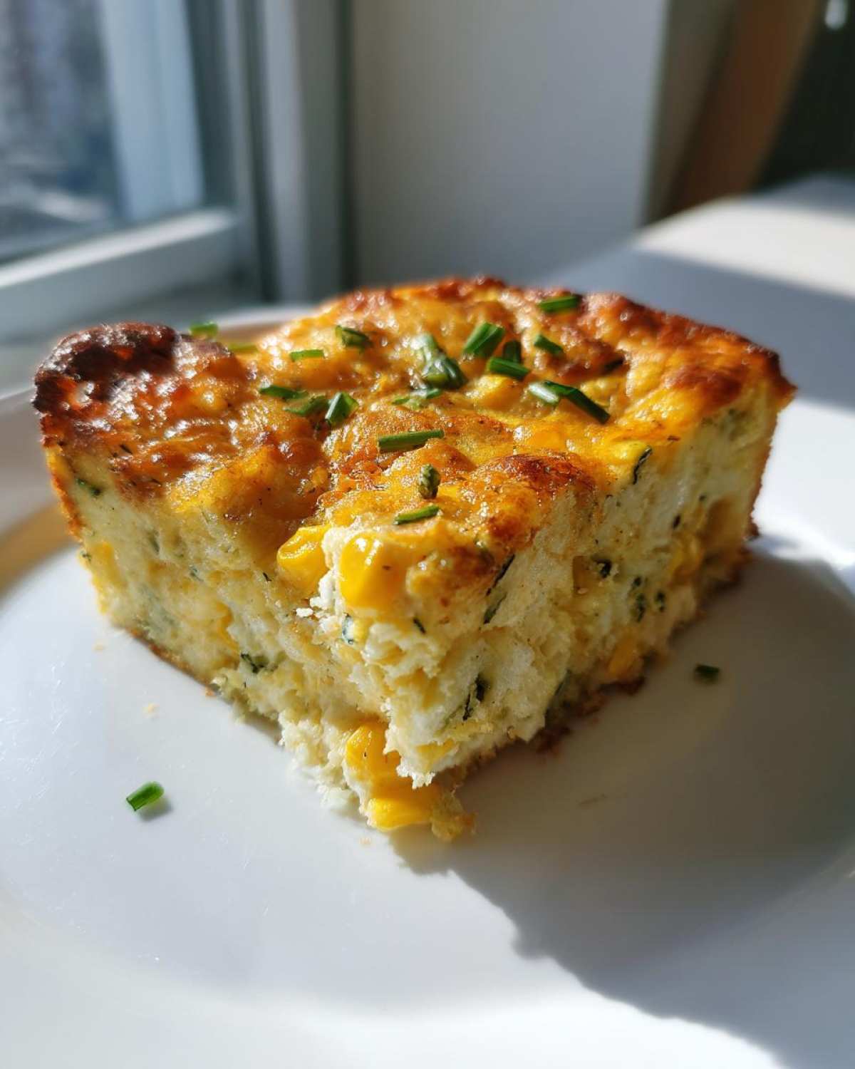 A square slice of golden brown Baked Zucchini and Corn Casserole topped with fresh chives on a white plate.