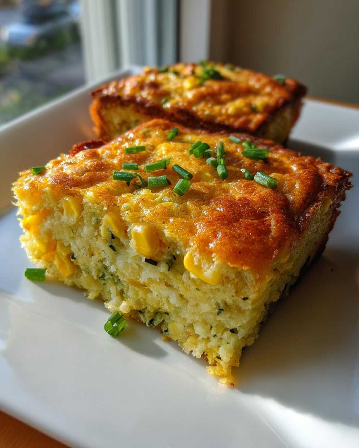 A square slice of golden Baked Zucchini and Corn Casserole topped with fresh chopped chives on a white plate.