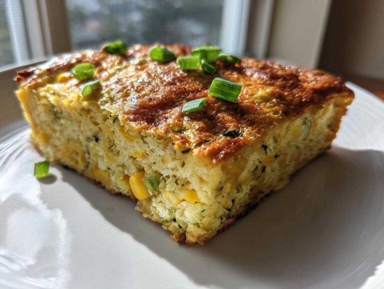 A golden-brown square slice of Baked Zucchini and Corn Casserole topped with fresh green onions on a white plate.