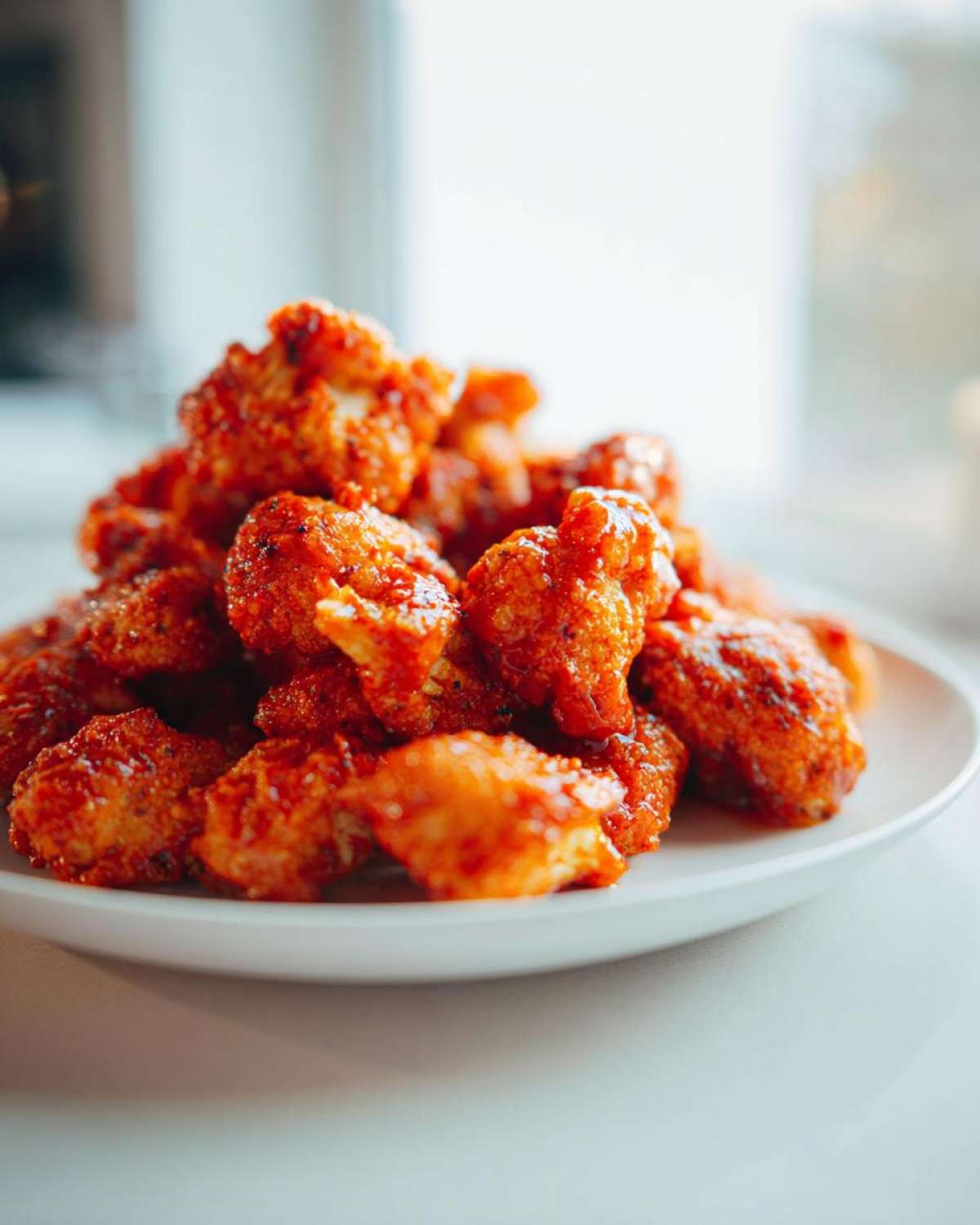 A close-up of a mound of crispy, saucy Bang Bang Cauliflower bites served on a white plate.