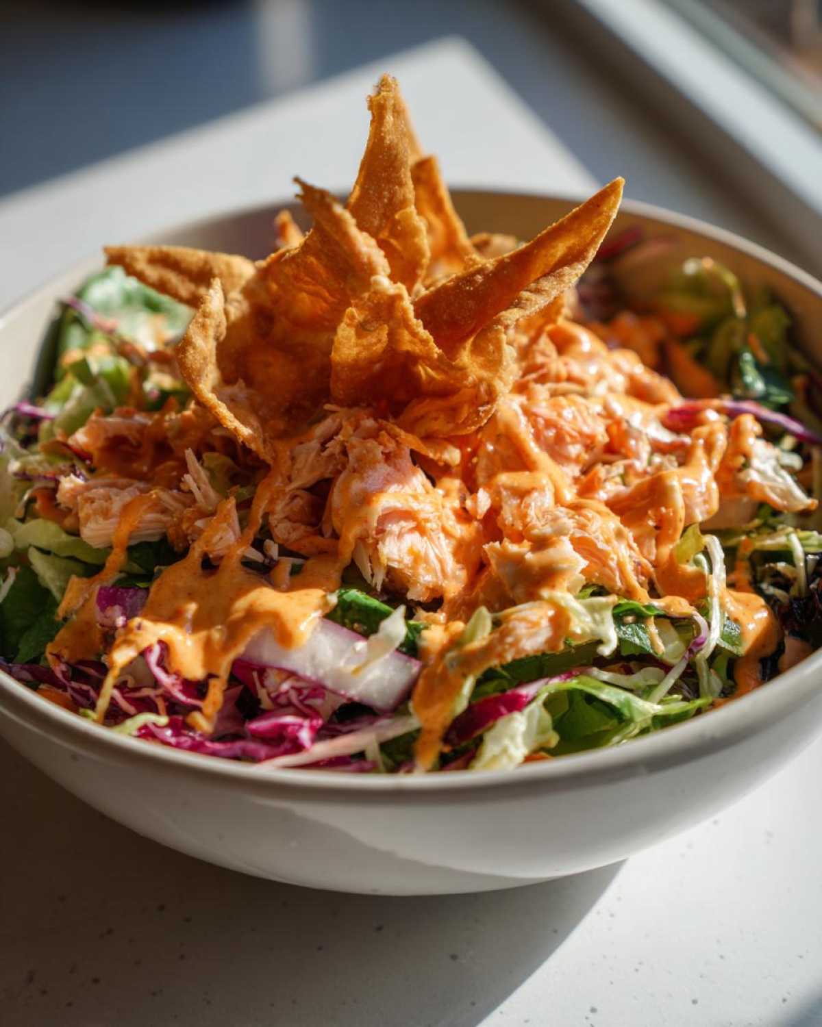 A close-up of a vibrant Bang Bang Salmon Salad in a white bowl, topped with flaked salmon, orange sauce, and crispy wonton strips.