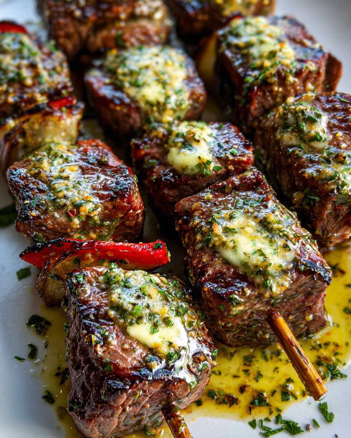 Close-up of grilled beef BBQ skewers topped with melting Cowboy Butter, glistening with herbs and juices.