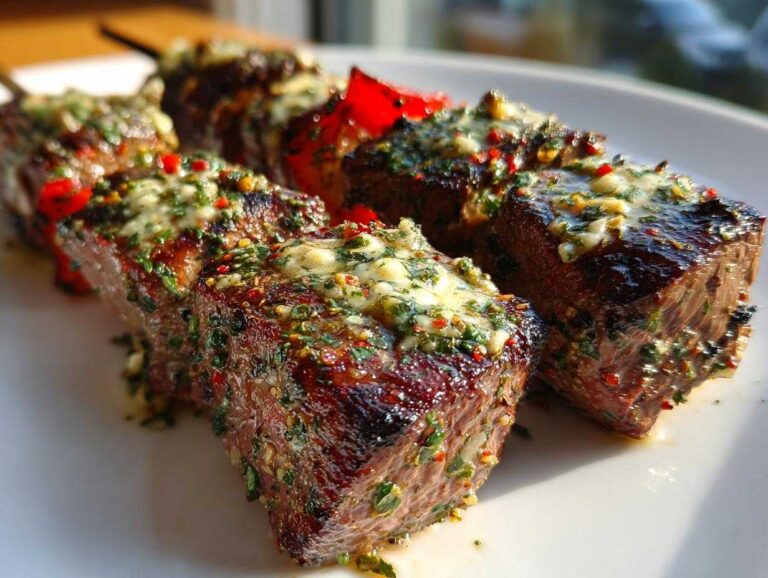 Close-up of grilled beef cubes on skewers, generously topped with melted Cowboy Butter.