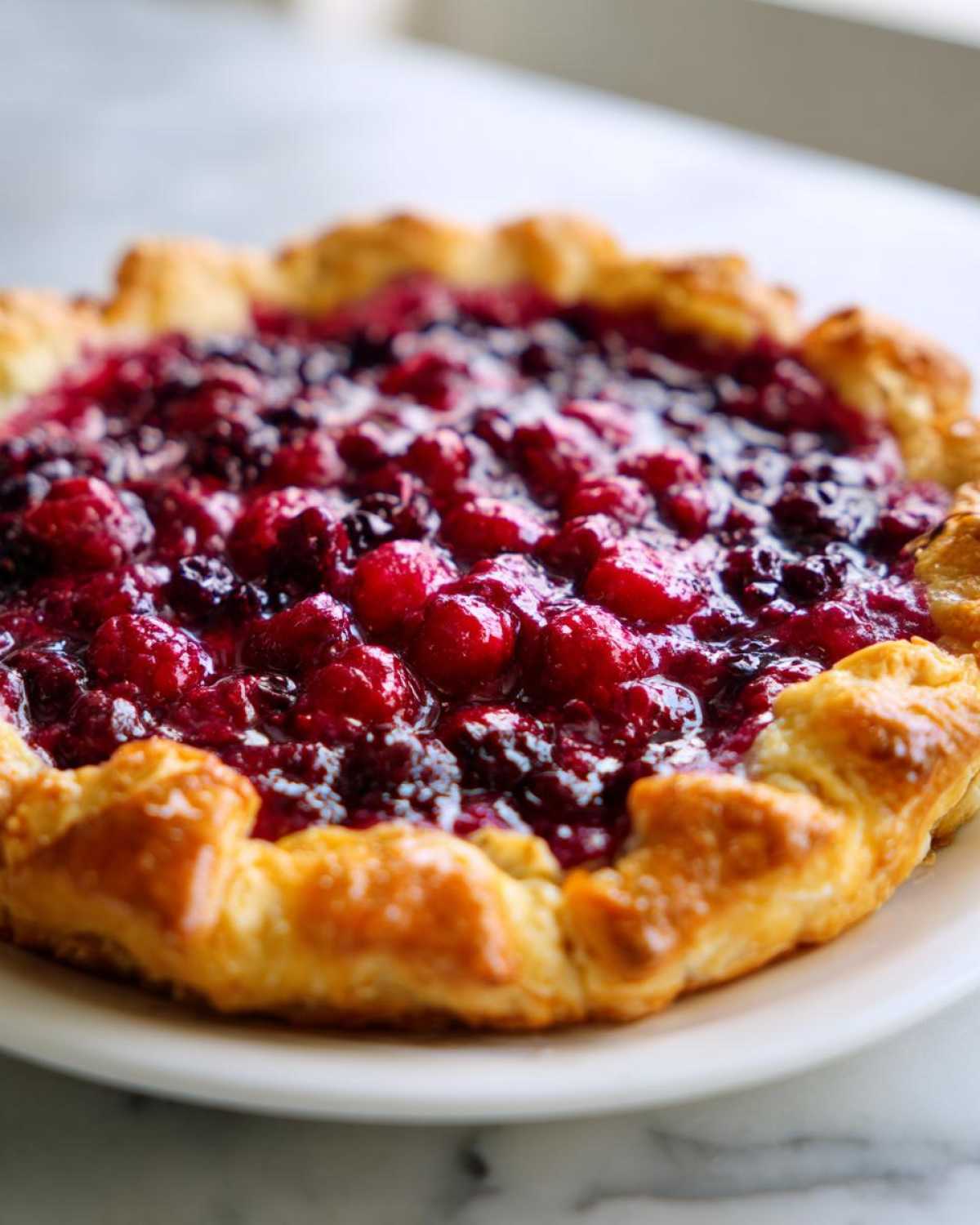 Close-up of a rustic berry galette with a flaky crust, perfect for a summer Cookout Spread.