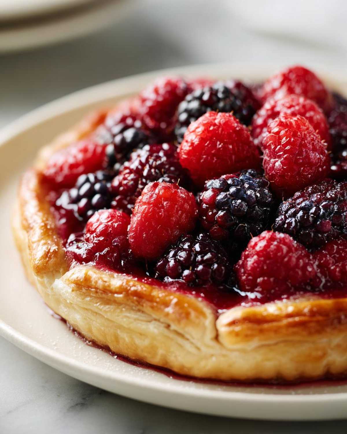 Close-up of a rustic berry tart with raspberries and blackberries, perfect for a Cookout Spread.