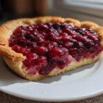 Close-up of a slice of berry tart with a golden crust and bright red filling, part of a Cookout Spread.