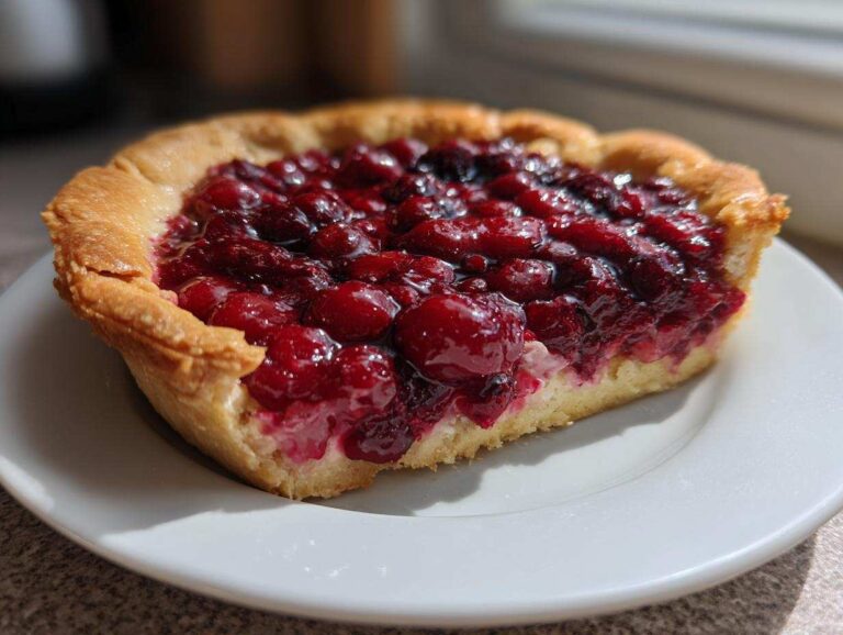 Close-up of a slice of berry tart with a golden crust and bright red filling, part of a Cookout Spread.